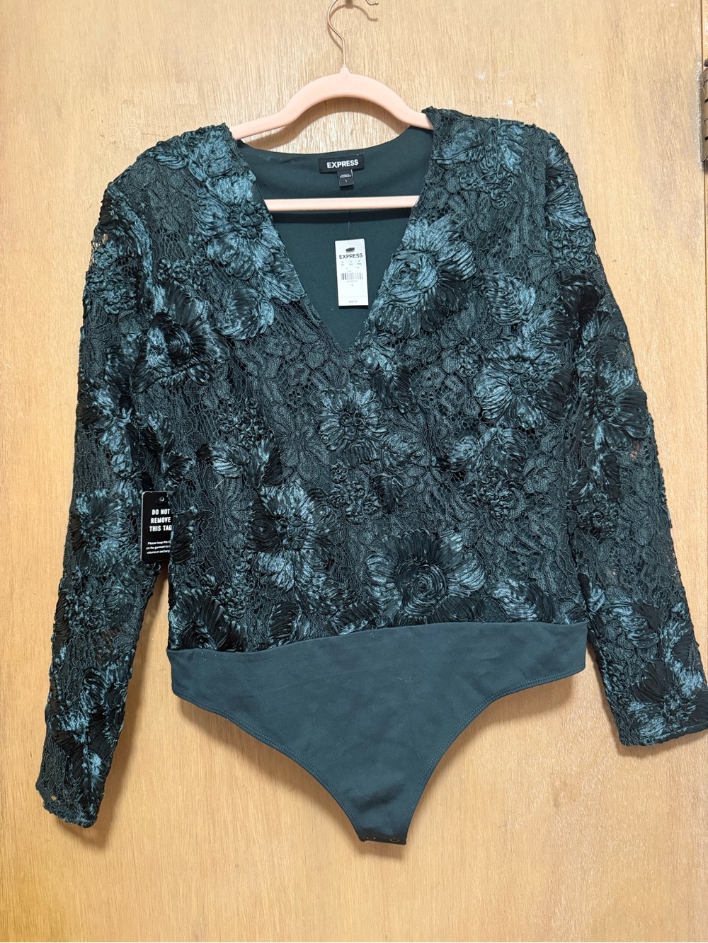 Express Dark Teal Floral Lace V-Neck Long Sleeve Bodysuit